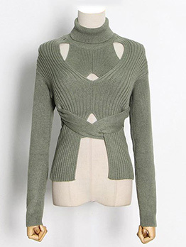 High Neck Hollow Out Long Sleeve Fitted Knitting Sweater