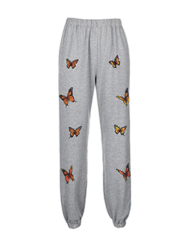 Elastic Fly Loose Casual Butterfly Print Gray Long Pants