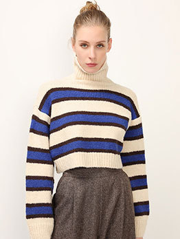 Turtleneck Striped Short Pullover Sweater For Women