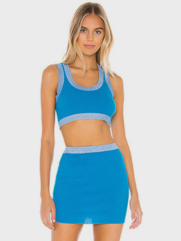 Contrast Color Casual Knitted Tank Top And Skirt Set