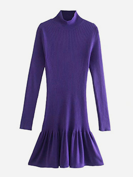 Modern Purple Long Sleeve Mock Neck Short Dress