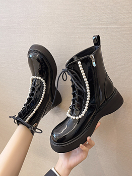 Fashion Faux Pearl Black Versatile Combat Boots