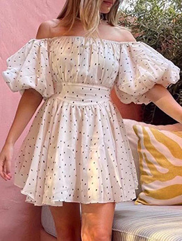 Cute Dot Puff Sleeve Vacation Style White Dress
