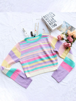 Striped Contrast Color Casual Crop Sweater