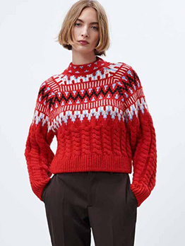 Christmas Red Jacquard Mock Neck Pullover Sweater 