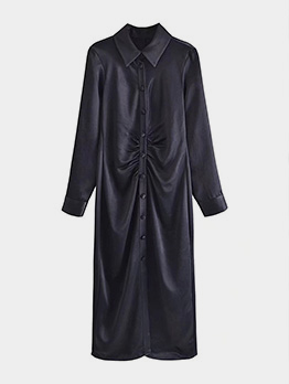 Casual Ruched Solid Black Long Sleeve Shirt Maxi Dress