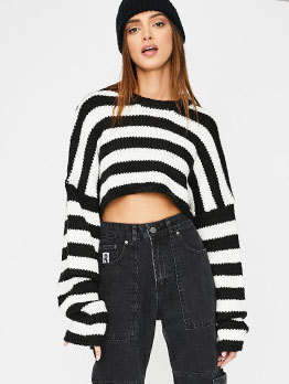 Classic Contrast Color Striped Crop Sweater