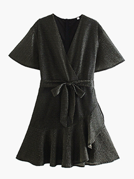Fashion V Neck Ruffle Short Sleeve Mini Dress