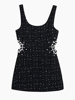 Stylish Faux Pearl Black Sleeveless Mini Dress