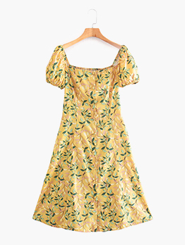 Vintage Backless Print Short Puff Sleeve Dress