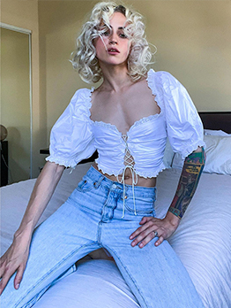 Square Neck Lace-Up Short Sleeve Ladies Tops