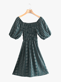Vintage Print Square Neck Ladies Short Sleeve Dress