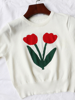 Cute Flower Pattern Cropped Knit T Shirt