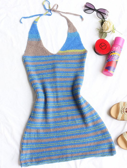 Striped  Knitting Tie Wrap Backless Halter Short Dress