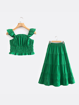 Stringy Selvedge  Cropped Top And Ruffles Skirt Sets Women