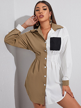 Turndown Neck Contrast Color Fitted Women Long Shirt 