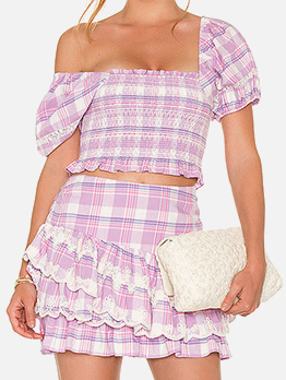 Plaid Ruffled Short Sleeve Crop Top Skirt Set