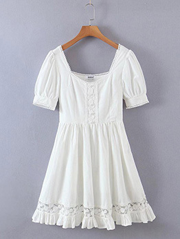 Vintage Lace Patchwork Puff Sleeve White Dress