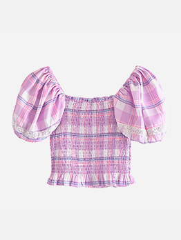 Popular Puff Sleeve Plaid Ruched Women Blouse