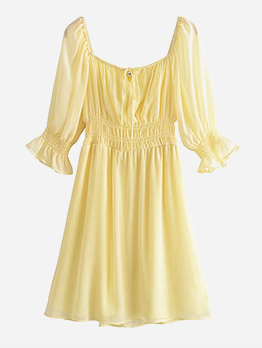 Spring Ruched Lace Up Flare Sleeve Chiffon Dress