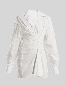 New Fashion White Ruched Long Sleeve Shirt Dress