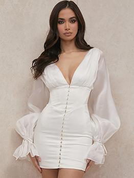 Designer White V Neck Zipper Long Sleeve Short Dress