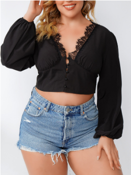 Plus Size Solid Lace Patch Cropped Top For Women