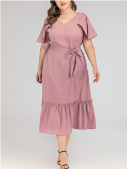Plus Size V Neck Solid Ruffled Sleeve Maxi Dress For Ladies