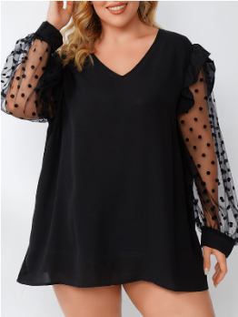 Solid Casual Plus Size V Neck Dot Puff Sleeve Top For Women