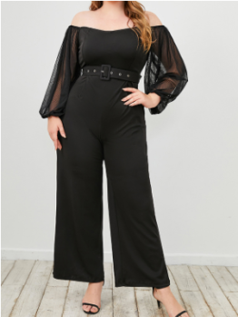 Solid Puff Sleeve Patch Plus Size Jumpsuits For Women