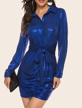 Blue Sequin Ruched Shirt Dress