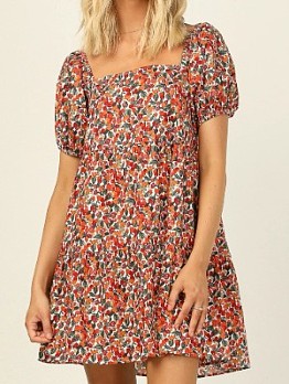 Floral Puff Sleeve Short Dress