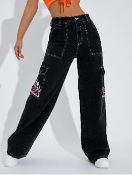 Black Embroidered Straight Leg Jeans