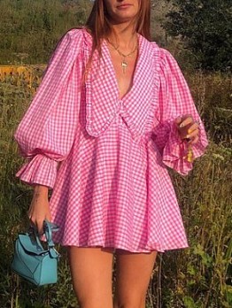  Temperament Pink Plaid Doll Neck Long Sleeve Dress