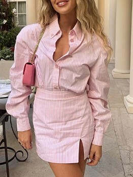 Pink Striped Shirt Skirt Set