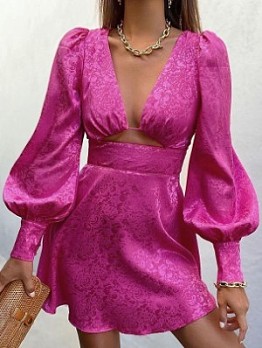 Jacquard Weave  Lantern Sleeve V Neck Party Dress