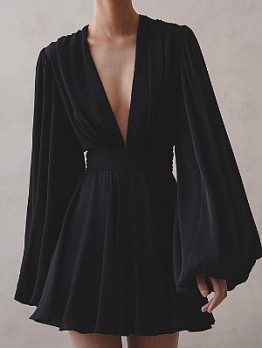  French Bubble Sleeve Black Dress