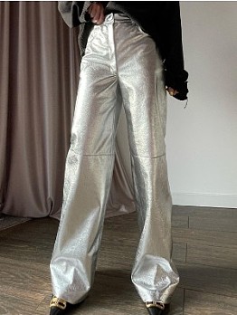 PU Fashion Loose High Waist Silvery Long Pants