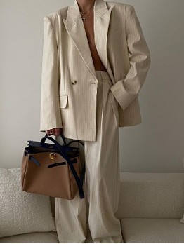 Apricot Striped Blazer Coat And Trouser Sets