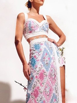 Embroidery Print Split Skirt Set