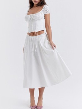 White Puff Sleeve 2 Piece Skirt Set