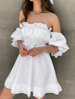  Ruffled Off The Shoulder Puff Sleeve White  A-line Dress