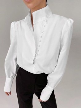  Professional Stand Neck Lantern Sleeve Shirt