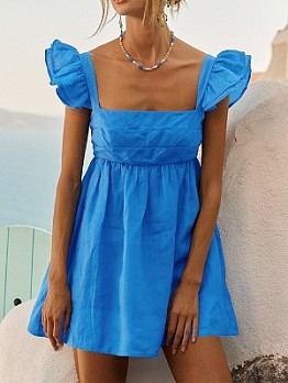  Blue Flying Sleeve Ruffle Mini Dress