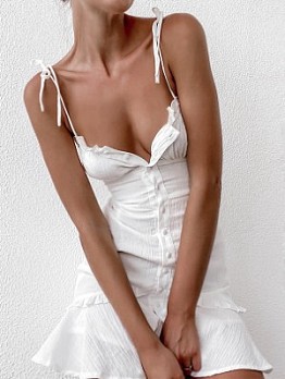  Women's White Backless Ruched Ruffle Dress