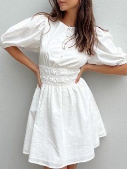 Women's White Puff Sleeve Short Dress