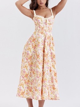  Flower printed Sleeveless slim midi dress