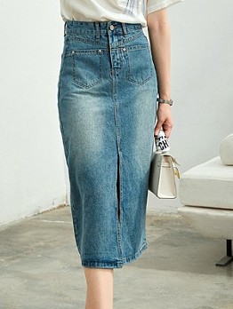 Blue Denim Straight Midi Skirts