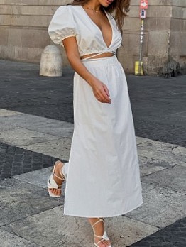  V-Neck Bubble Sleeve White Skirt Suit