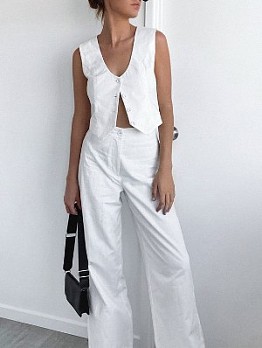 Button Up  White Sleeveless Top And Pant Sets 